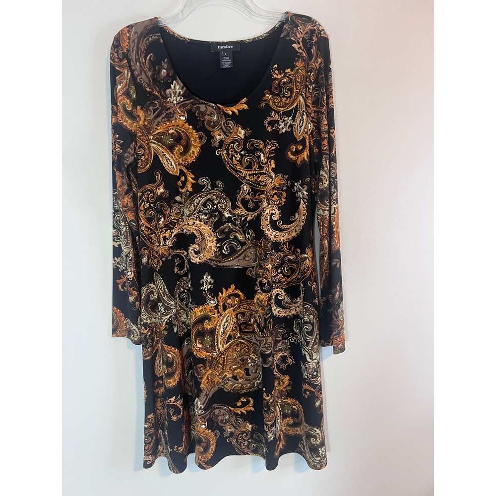 Karen Kane Womens Paisley Long Sleeve Scoop Neck Shift Dress Black Gold Large